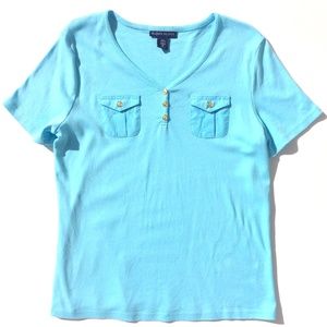 Karen Scott short sleeve V neck T shirt summer casual turquoise blue AS IS